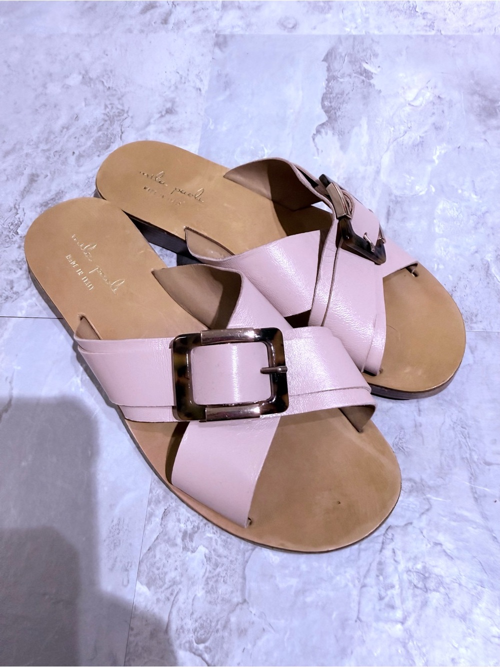 Mila Paoli Italy Beige Leather Crisscross Slide Sandals w Tortoiseshell Buckle 8